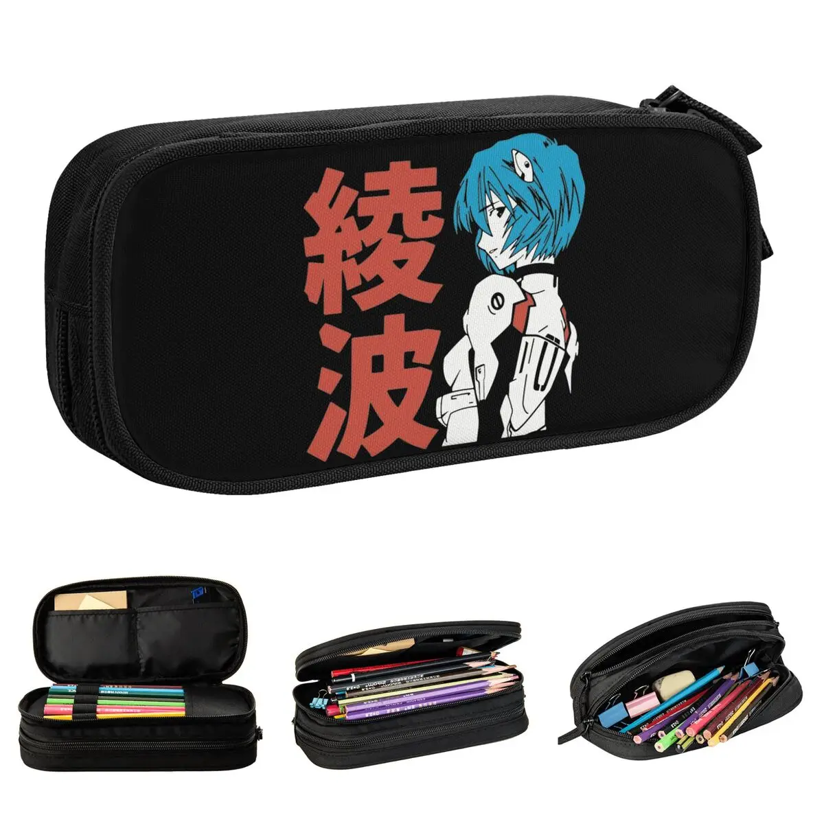 Estuche de lápices Retro Rei Ayanami, caja de bolígrafos para estudiantes, bolsa de almacenamiento grande, papelería de oficina con cremallera