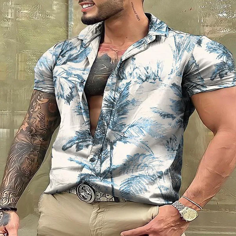 Summer Men's Lapel Single Breasted Cardigan Graffiti Plant&Flowers Printed Short Sleeved Tee Shirt Fashion Casual Vacation Tops