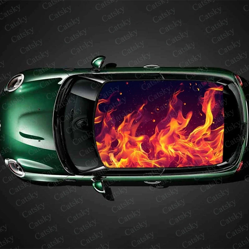 Red Fire with Flames Car Roof Sticker Wrap Racing SUV Accessories Packaging Painted PVC Custom Car Graphic Decal