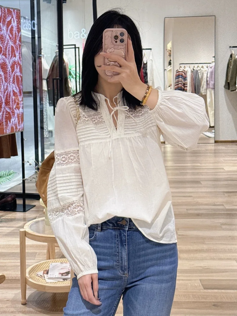 

Spring Summer Pure Cotton round Neck Pullover Hollow out Lace Bubble Sleeve Long Sleeve Women's Shirt Breathable Moisture Wic...