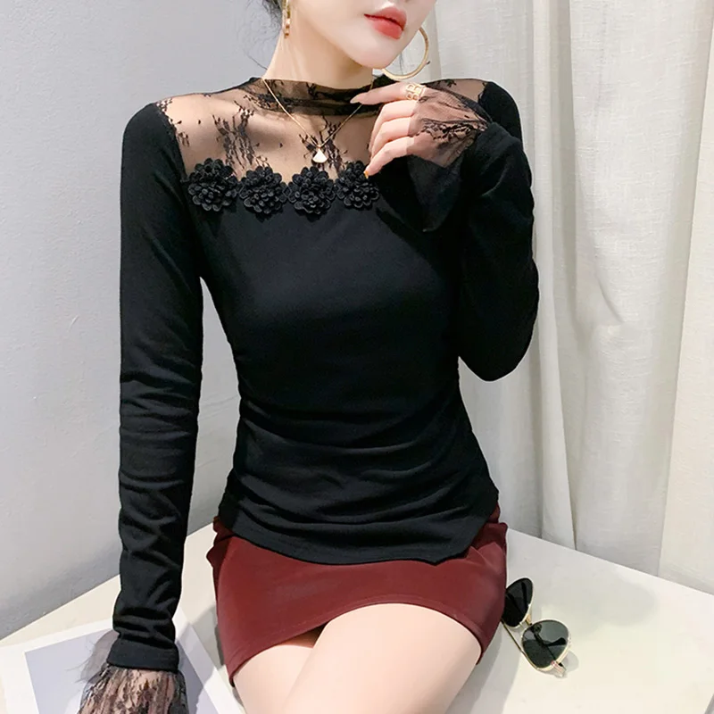 New 2025 Spring Long Sleeved Women's T-Shirt Elegant Slim Patchwork Mesh Lace Tops M-3XL Black White Clothing