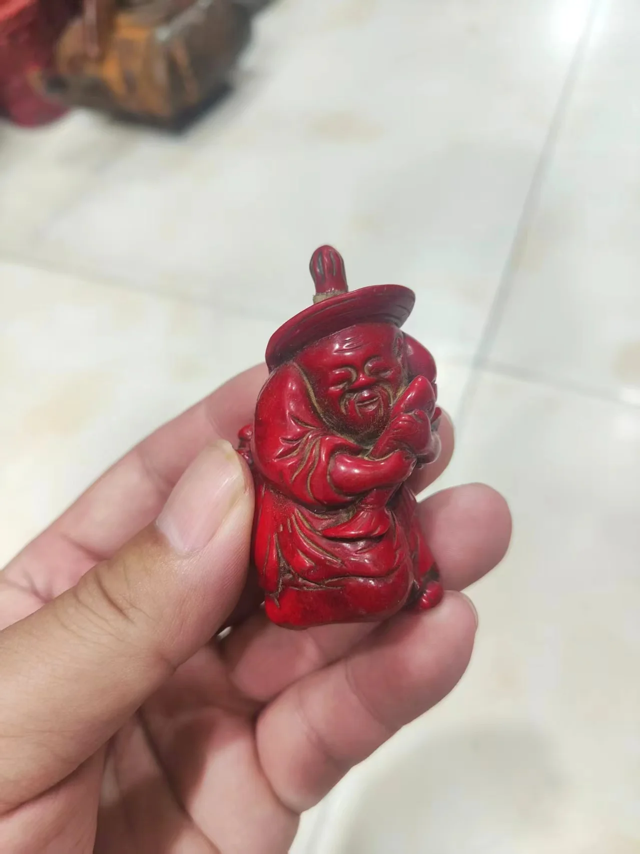 Chinese Old Red Turquoise Carved Fisherman's Snuff Bottle