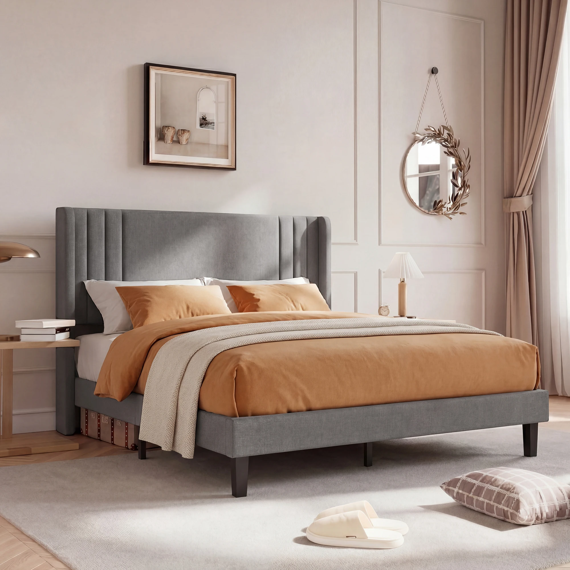 Superaly Base de Cama Tapizada en Lino de 140x200cm, Cama Plataforma Gris con Somier de Láminas y Cabecero Acolchado, Cama Individual Moderna para Dormitorio, Colchón No Incluido
