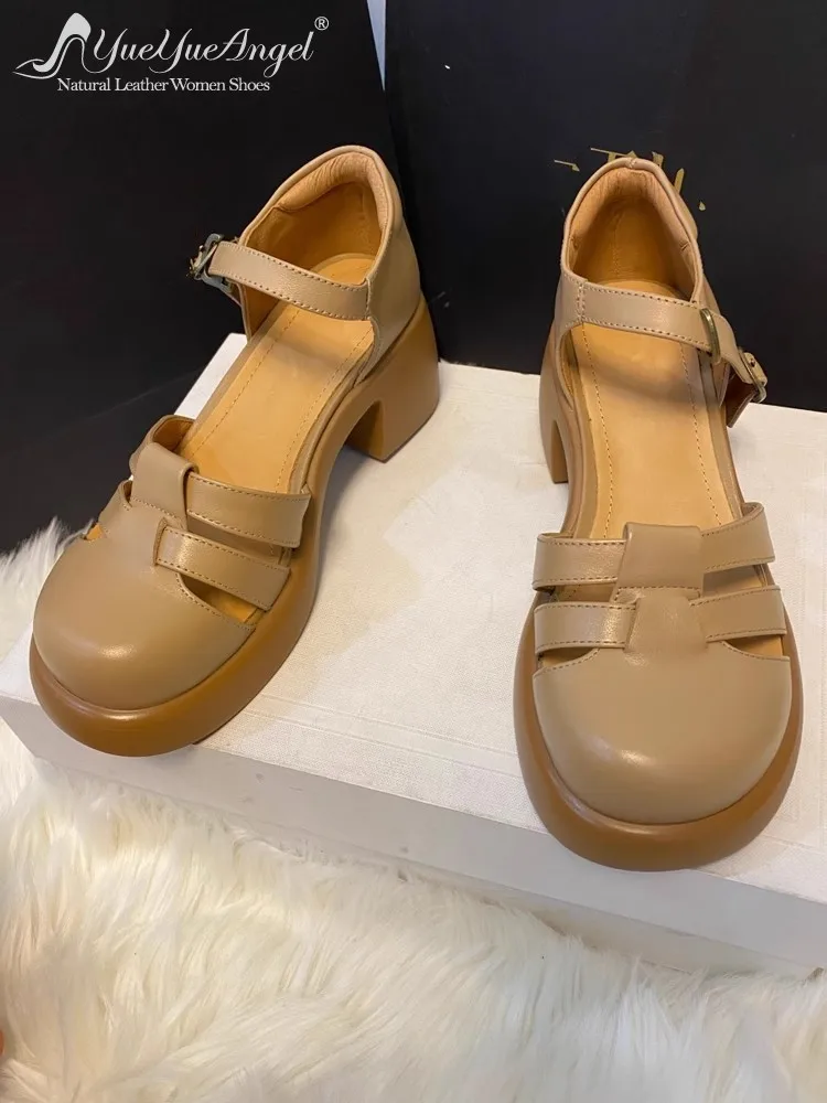 

Womens Sandals Summer Shoes Daily Genuine Leather Handmade Round Toe Sweet Solid Color Chunky Heel Hot Sale Sexy Fashion