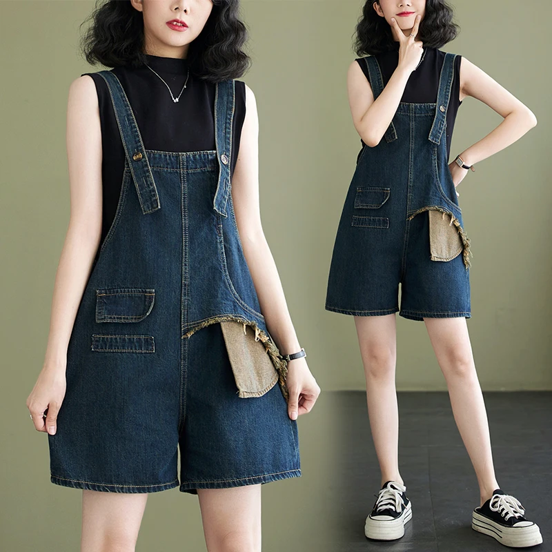 

Aricaca Summer Casual Vintage Jumpsuit Women Cotton Wide Legs Blue Denim Rompers