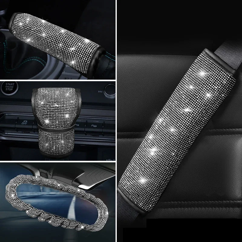 

Bling Women Grils Car Accessories Handbrake Gear Shift Rearview Mirror Armrest Cover Shoulder Pad Rhinestone Decoration Set