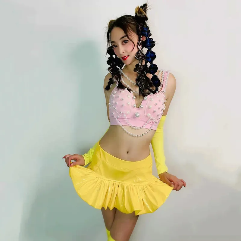 Bar Nightclub DJ Sexy Performance Stage Wear Women Dancer Team Costume Party Show Festival Rave Outfit Yellow Blue Skirt Set