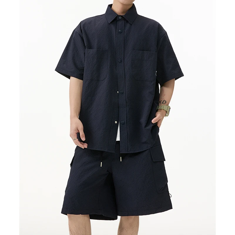 Лето 2025 г., свободная мужская одежда для повседневного отдыха, рубашки-карго с короткими рукавами и лацканами и шорты-карго, мужские костюмы из двух предметов, винтажные комплекты
