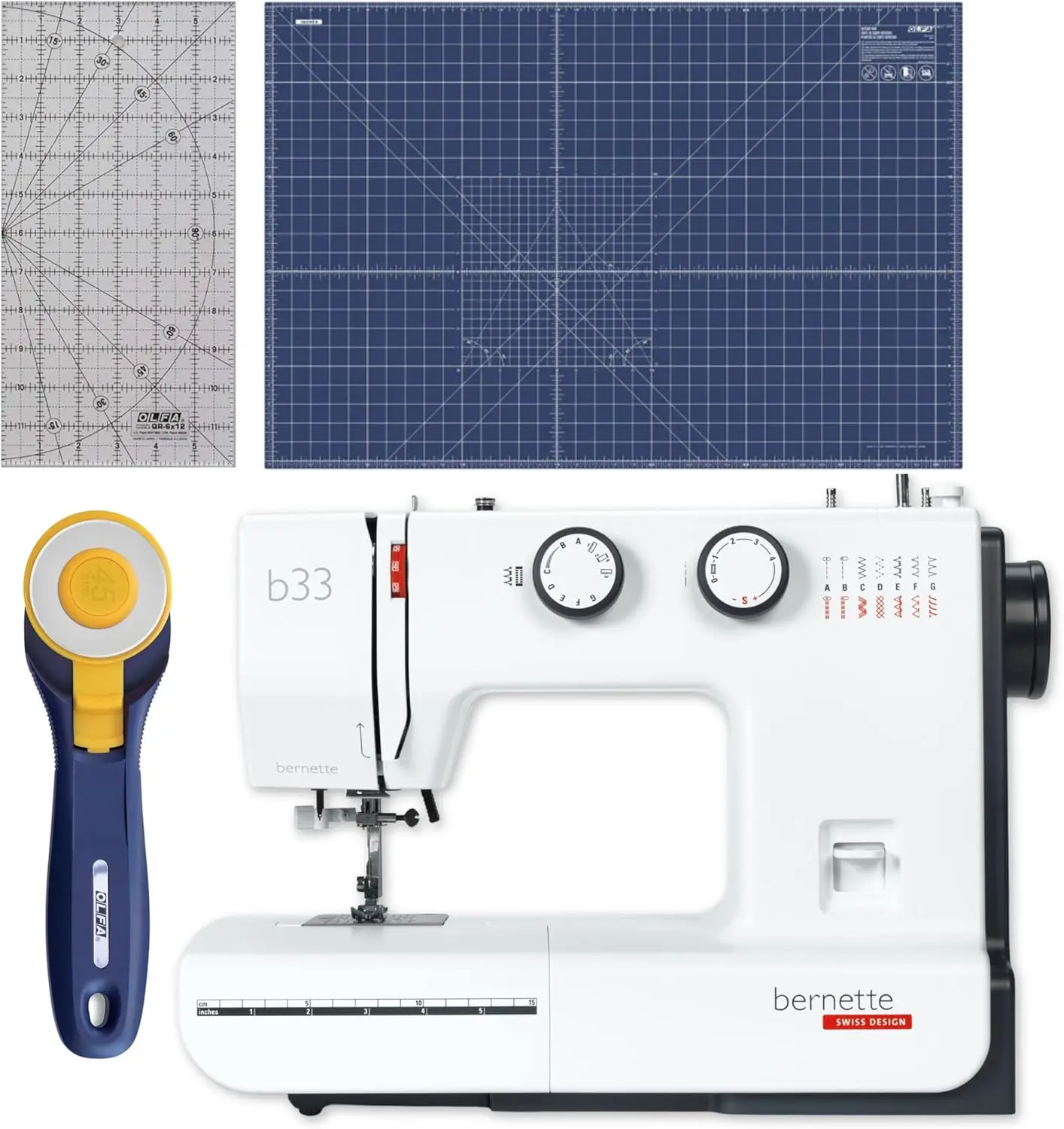 Bernette 33 Swiss Design Sewing Machine With Quilting And Sewing Kit - 1 Rotary Cutter, 1 Rotary Mat And 1 Non-Slip Frosted