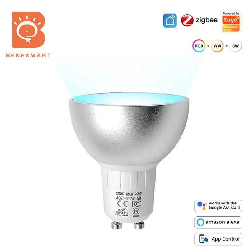 Benexamrt Zigbee 3.0 GU10 LED Light Bulb Smart Spotlighting RGBCW Dimmable Lamp Tuya App Smartthings Alexa Google Home Control