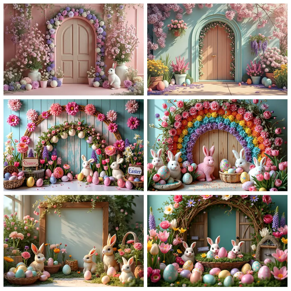 

2025 Easter Day Floral Flower Arch Door Decoration Photography Backdrop Eggs Bunny Rabbit Wooden Board Photo Background