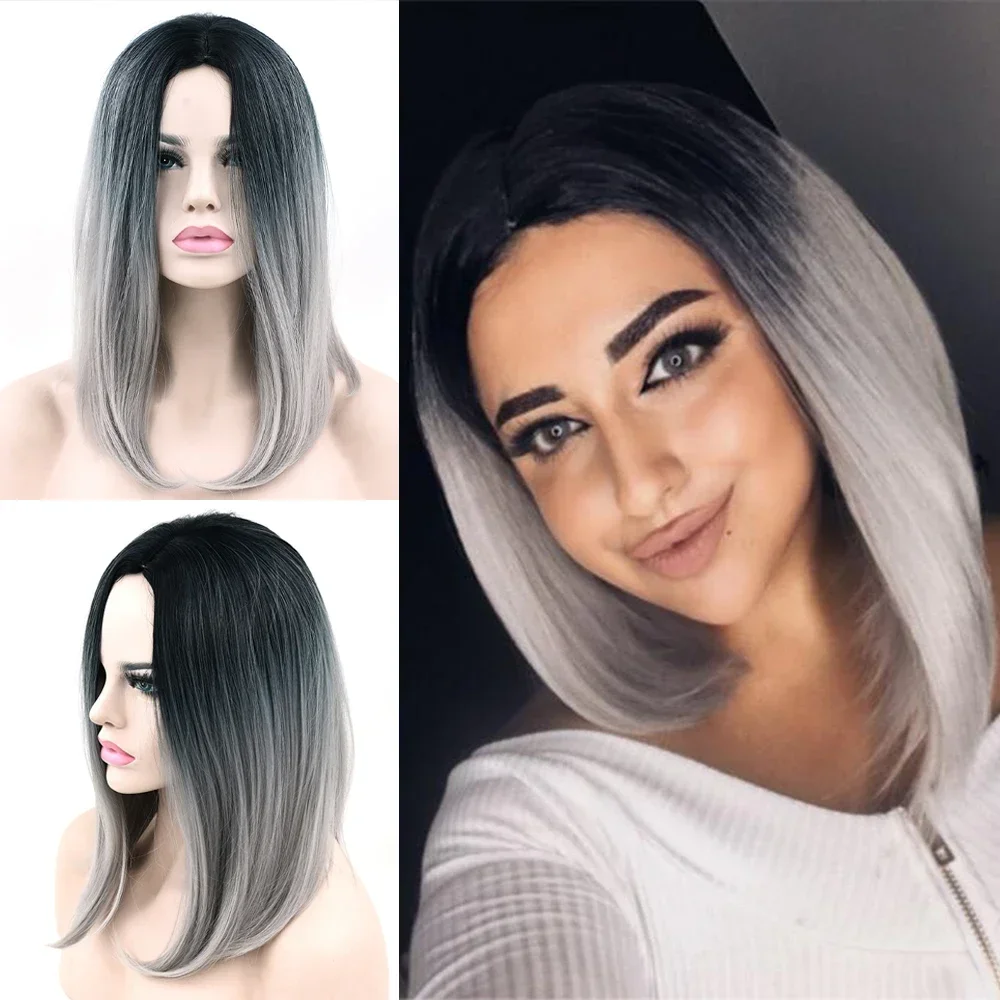 Synthetic Hair Ombre Grey Hair Bob Style Short Wigs for Black Women Party Cosplay Wig Costumes Accessories