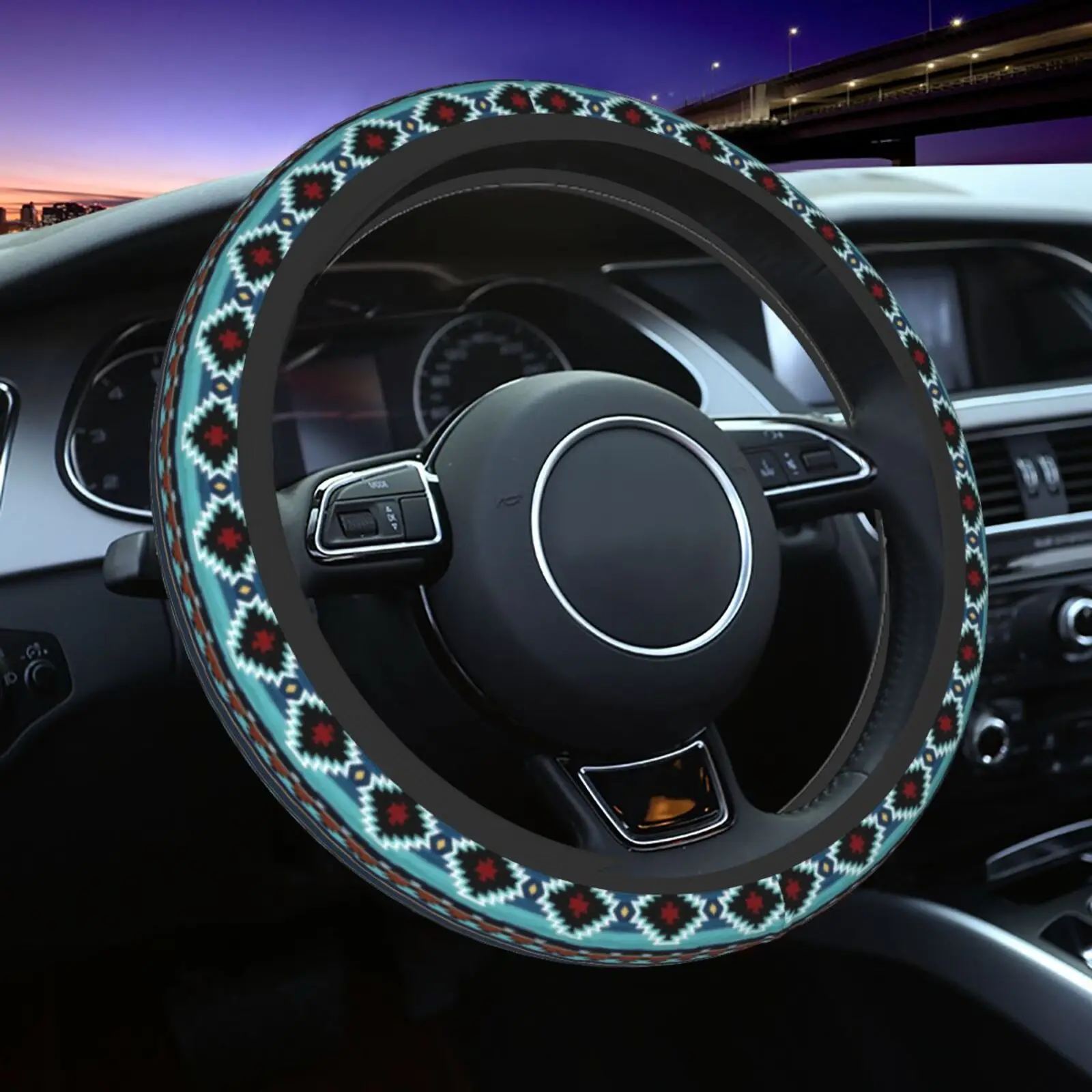 Blue Aztec Pattern Steering Wheel Cover Anti-Slip Uv and Sun Protection Universal Fit 15 Inch Car Wheel Protector for Women Men