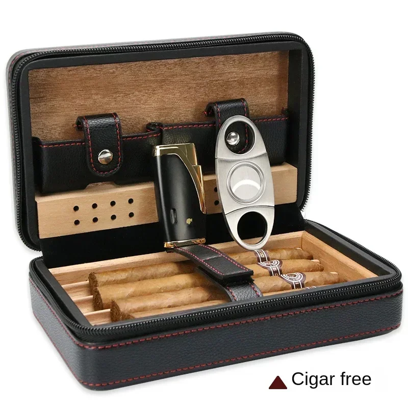 Cigar case portable cedar travel creative leather case cigar cutter lighter set cigar moisturizing bag