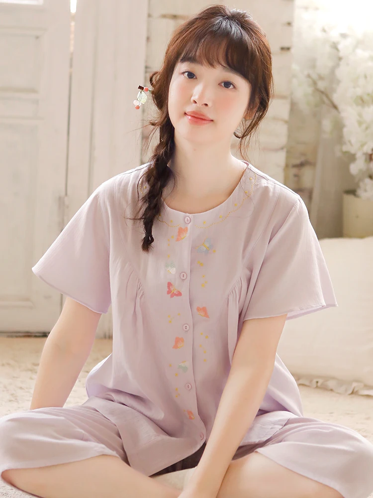 

pure cotton pajamas new Chinese style women short sleeved Seven points pants round neck sweet embroidery comfortable Home Wear