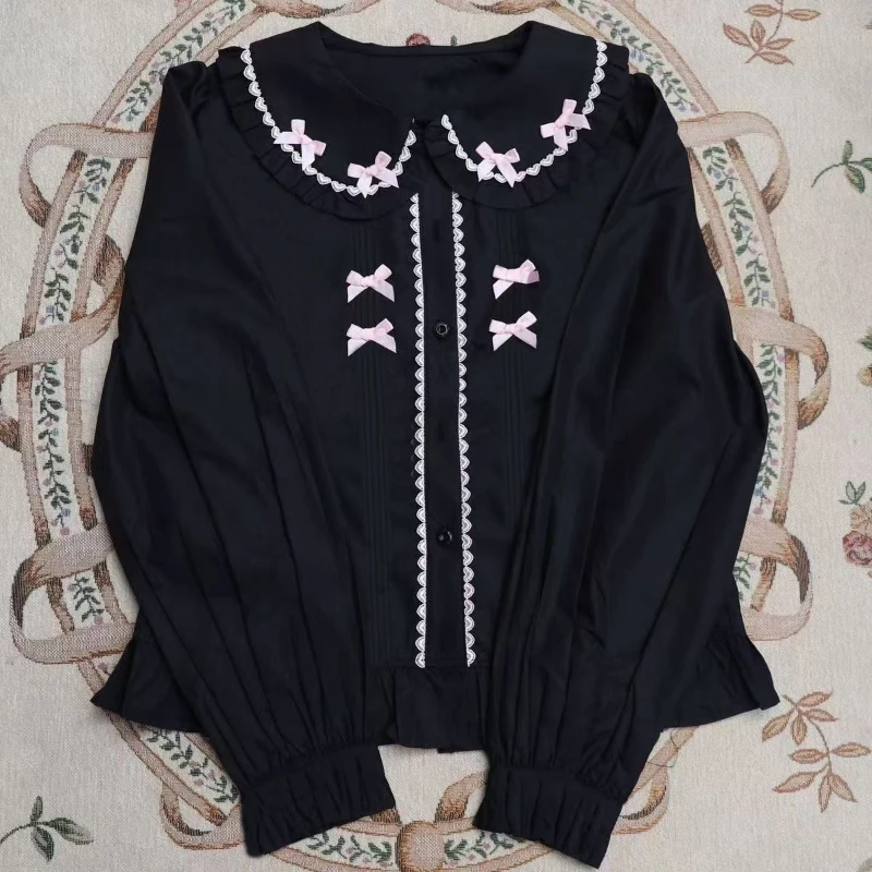 Deeptown Kawaii Lolita Black Blouses Women Japanese Style Bow Babydoll Tops Vintage Cutecore Preppy Style Sweet White Shirts