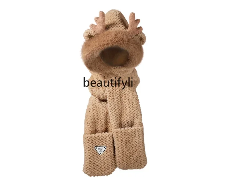 

Bear hat autumn and winter versatile female cute scarf gloves hooded velvet warm scarf integrated three-piece set thick