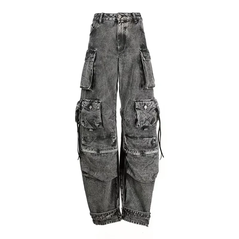 

Women's Multiple pockets stitching Denim pants Straight tube long pants loose wide leg Side work pocket pants cargo pants