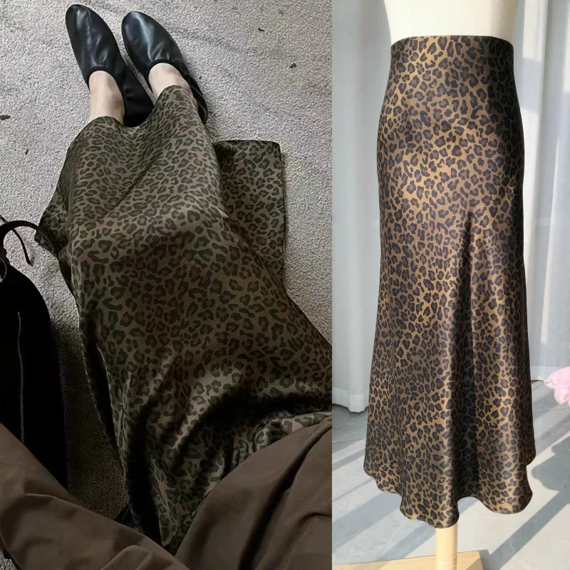 New silk Leopard Skirt 100% Silk High Waist Asymmetric Hem Old Money Style Semi Skirt