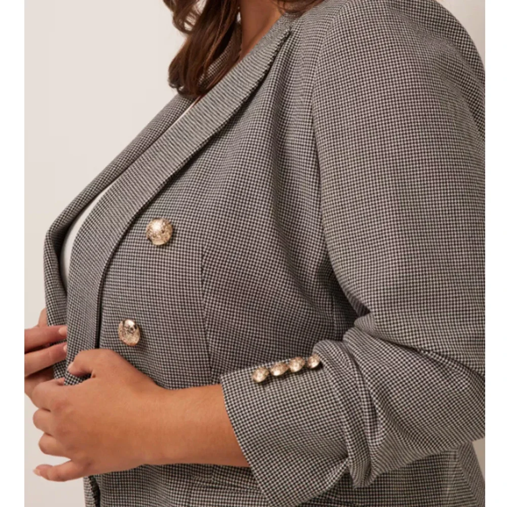 Women Fashion Plus Size Blazer Lapel Collar Office Lady Metal Button Plaid Casual Long Sleeve Jacket Coat Autumn Outerwear