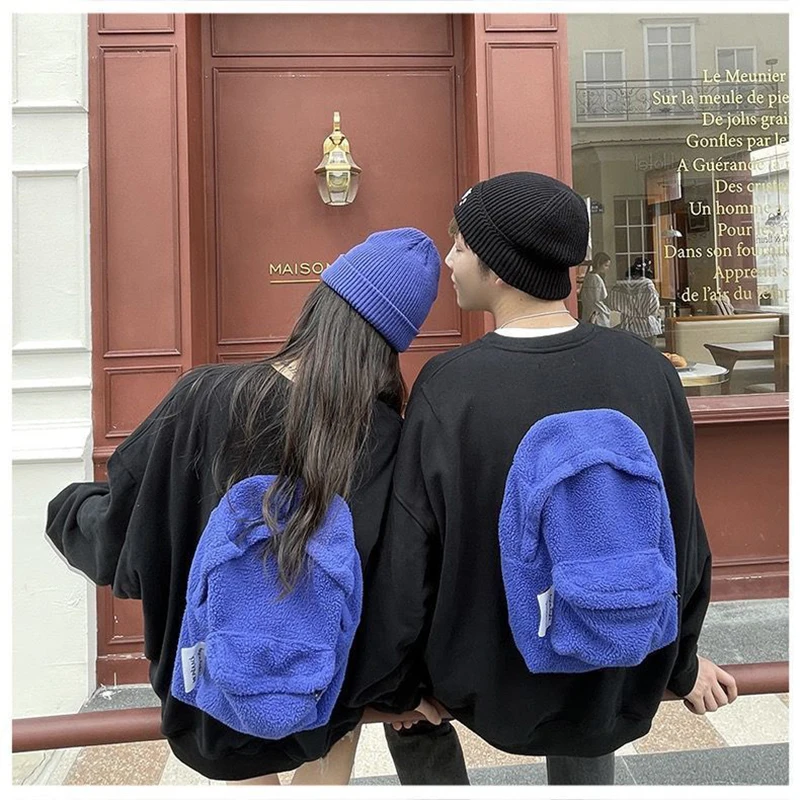 

Autumn Winter Plus Velvet Long Sleeve Women Sweatshirt 3d Blue Backpack Loose Fashion Simple Oversized Couple Clothing Top Black