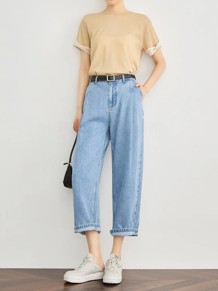 

High Waist Blue Denim Jeans Women's Summer Thin Straight Leg Nine-Piece Pants Casual Sle High Quali Cotton Fabric