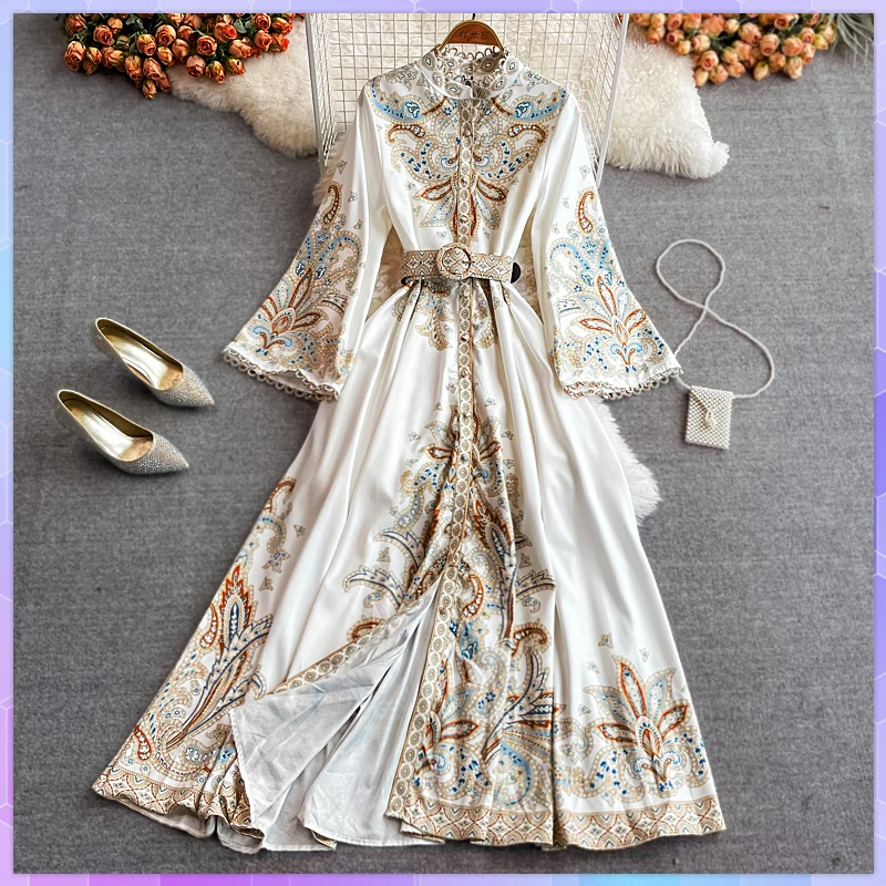 Spring Autumn Women\'s Dress Vintage Long Sleeve Print Floral High Waist Boho Party Maxi Vestidos Elegant Luxury Long Dresses