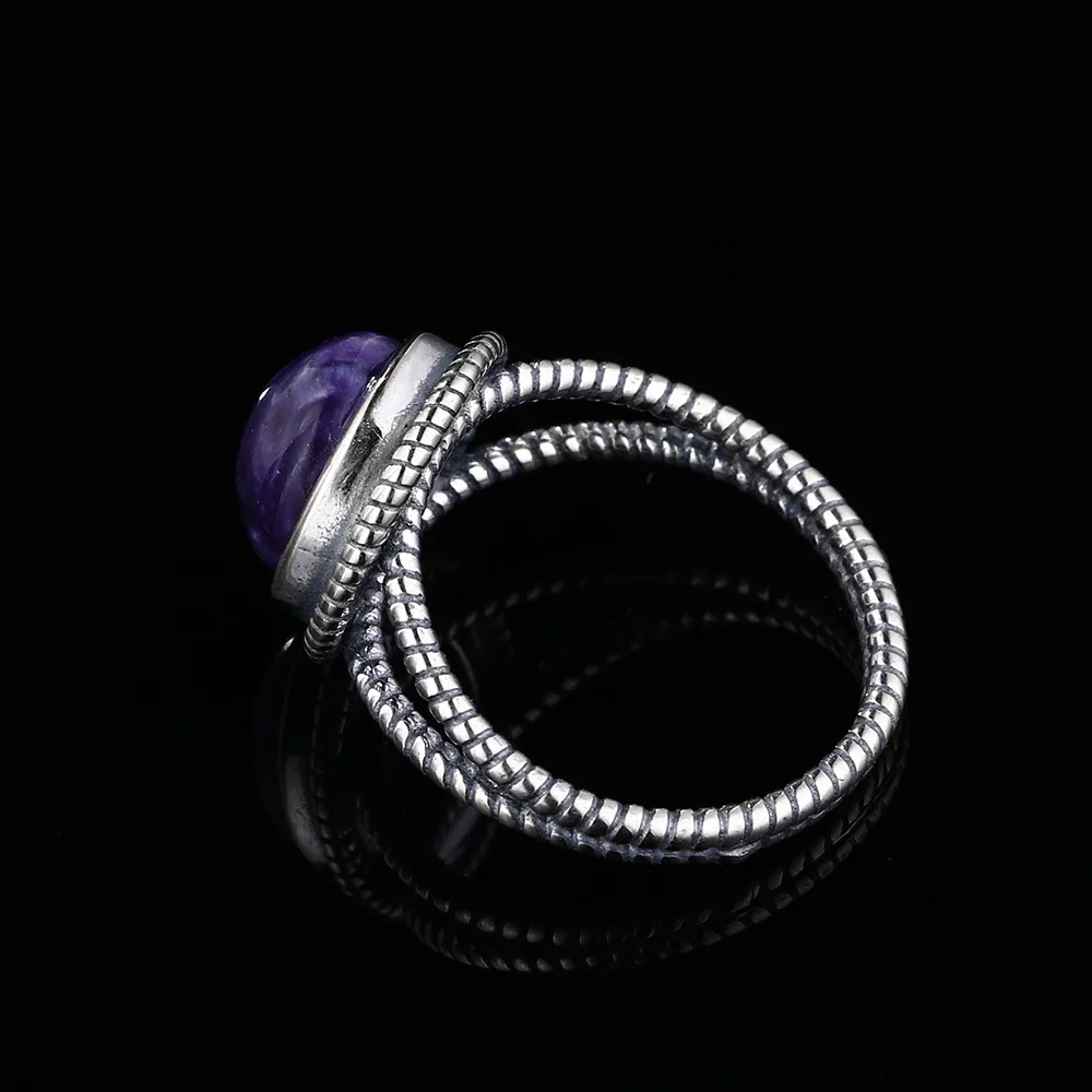Natural Charoite S925 Silver Ring Vintage Style Purple Stone 10MM Round Engagement Retro Wedding Ring Gift Jewelry