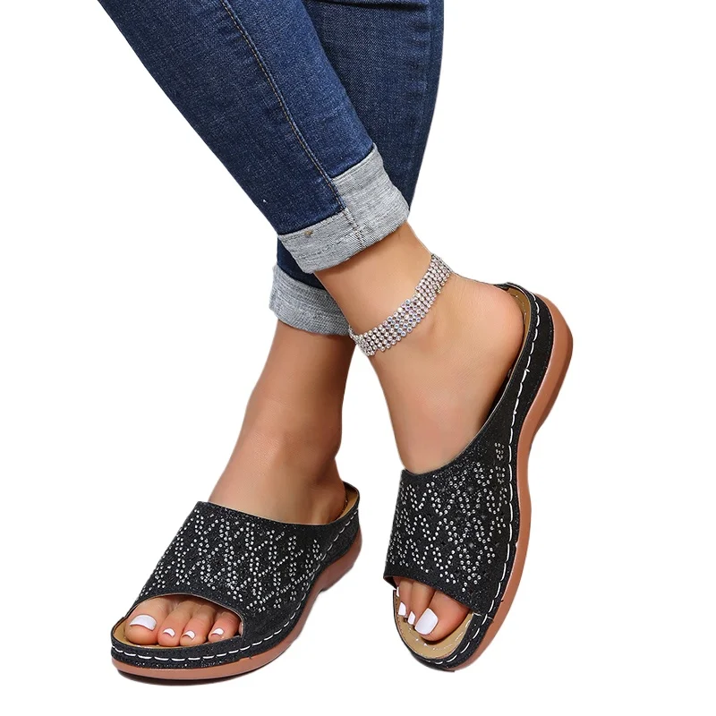 Sommer Damen Pantoletten Strass Plateau-Sandalen Modische Ausgehöhlte Keilabsatz-Schuhe für Frauen Offene Zehen Große Größen Strand-Fußbekleidung