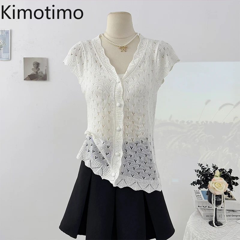 

Kimotimo Gentle Hollow Hook Flower V Neck Knitted Cardigan Women 2025 Summer Single Breasted Short Sleeve Transparent Sweater