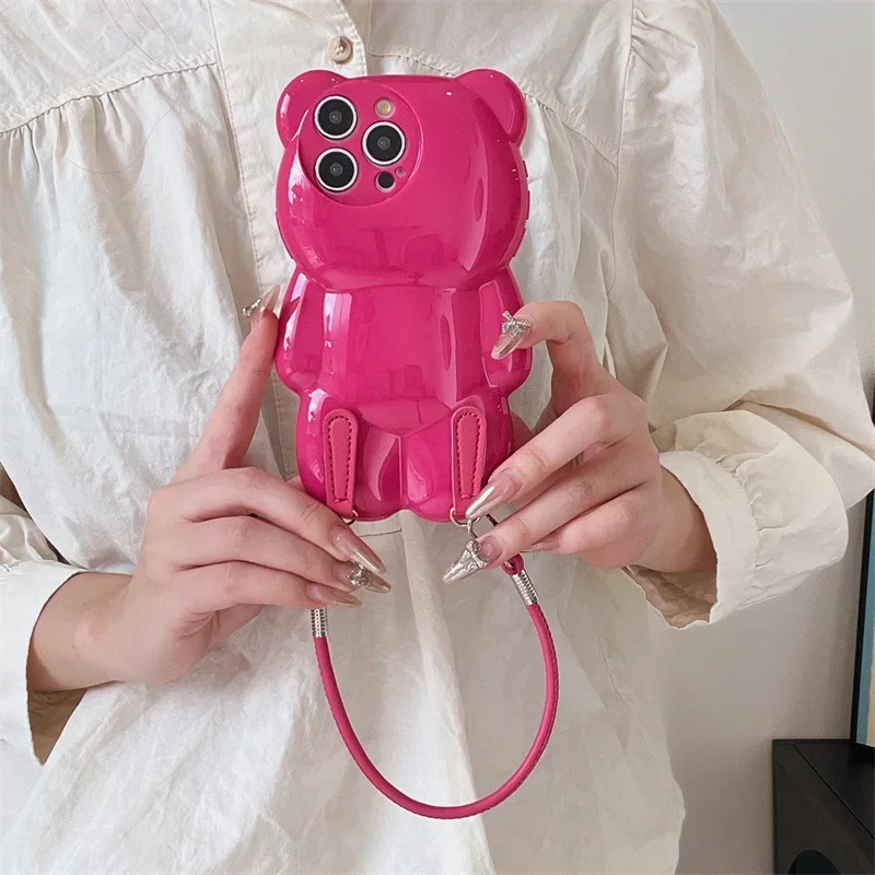 

Cartoon 3D Bear Case for iPhone, Shockproof Soft Cover Lovely Animal Glossy Pink Korean Cute Pink 11 14 13 12 16 15 Pro Max Fun