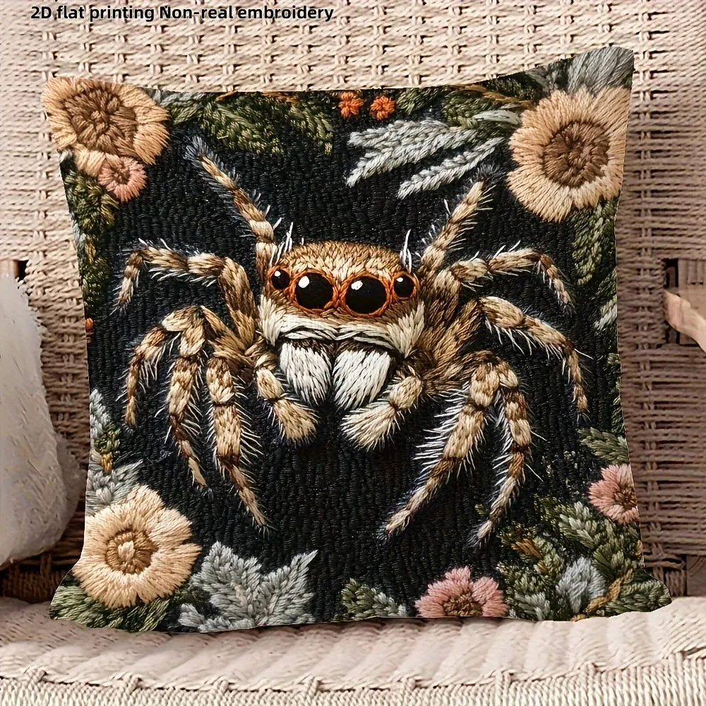 Fodera per cuscino unica con ragno stampato piatto 2D e motivo floreale Fodera per cuscino per divano, decorazione del dormitorio della stanza di casa, stampa 2D
