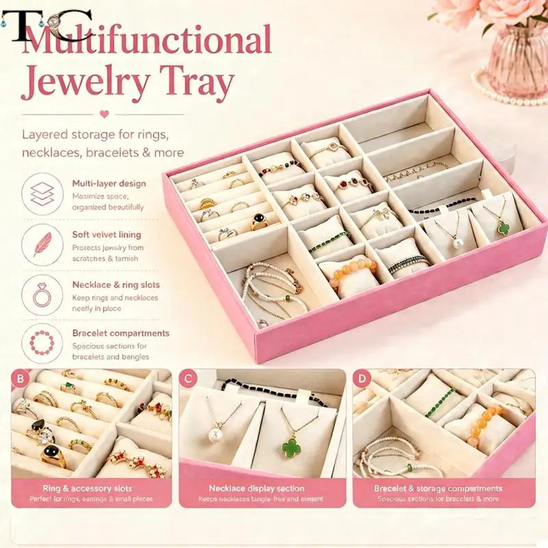 35x26 CM Pink Fabric Jewelry Tray Large-Capacity Multifunctional Elegant Storage Tray for Rings Earrings Pendants and Bracelets