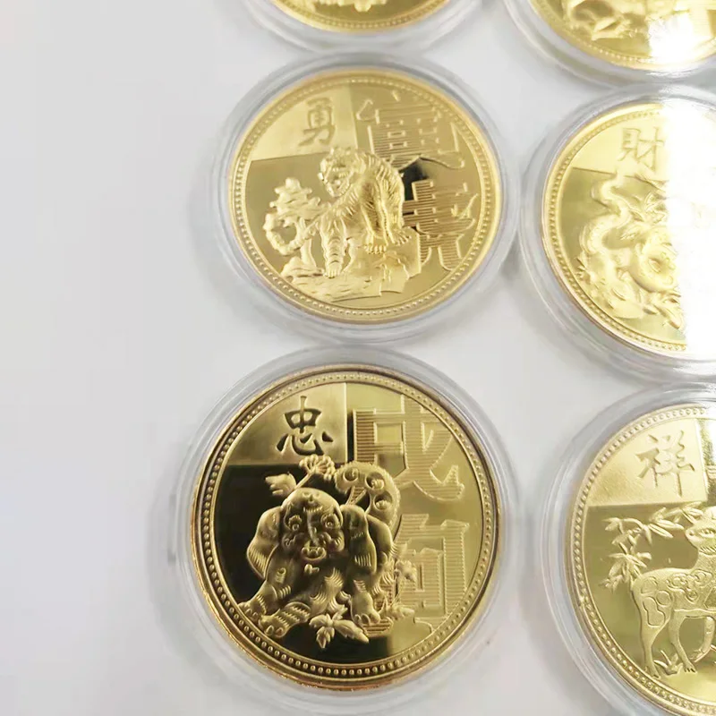 Moneda coleccionable chapada en oro de 12 animales para la suerte, conejo chino Feng Shui, dragón, serpiente, caballo, monedas conmemorativas de Año