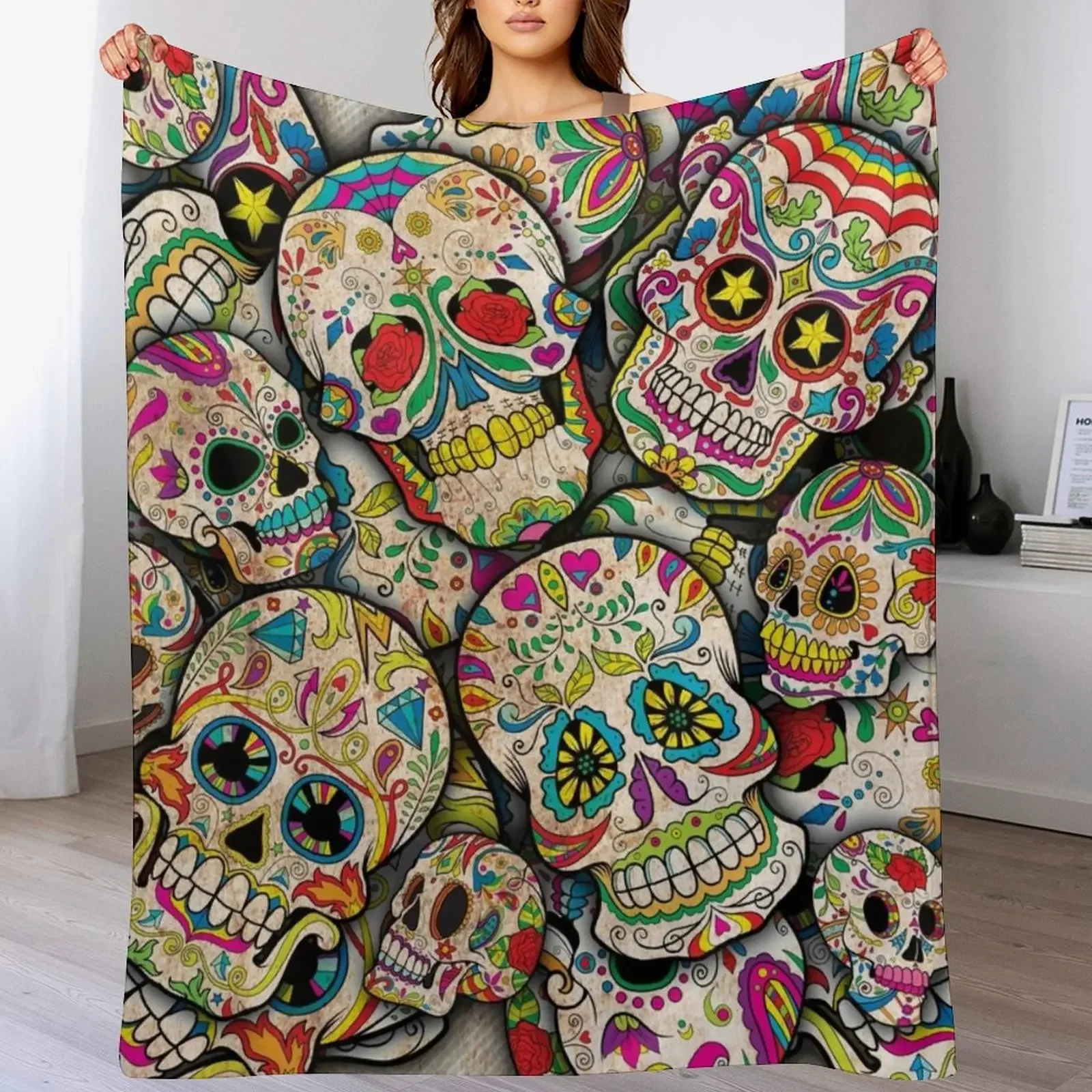 Sugar Skull Collage Throw Blanket Multi Purpose Soft Warm Blanket for Home Travel