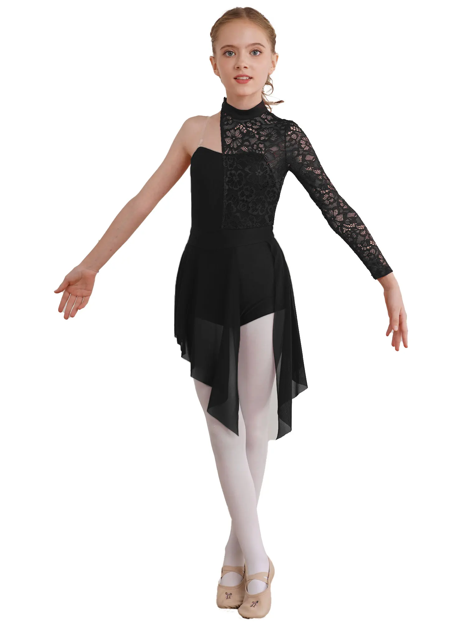 Vestito da ballo lirico per bambina, pizzo floreale, monospalla, asimmetrico, pattinaggio di figura, ginnastica, body, tuta intera