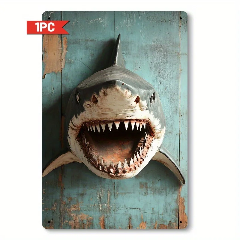  A Metal Sign Featuring Shark'S Head, Measuring es, Made of Iron. This Wall Decor Is Perfect for Ocean-Themed Restaurants, Yacht
