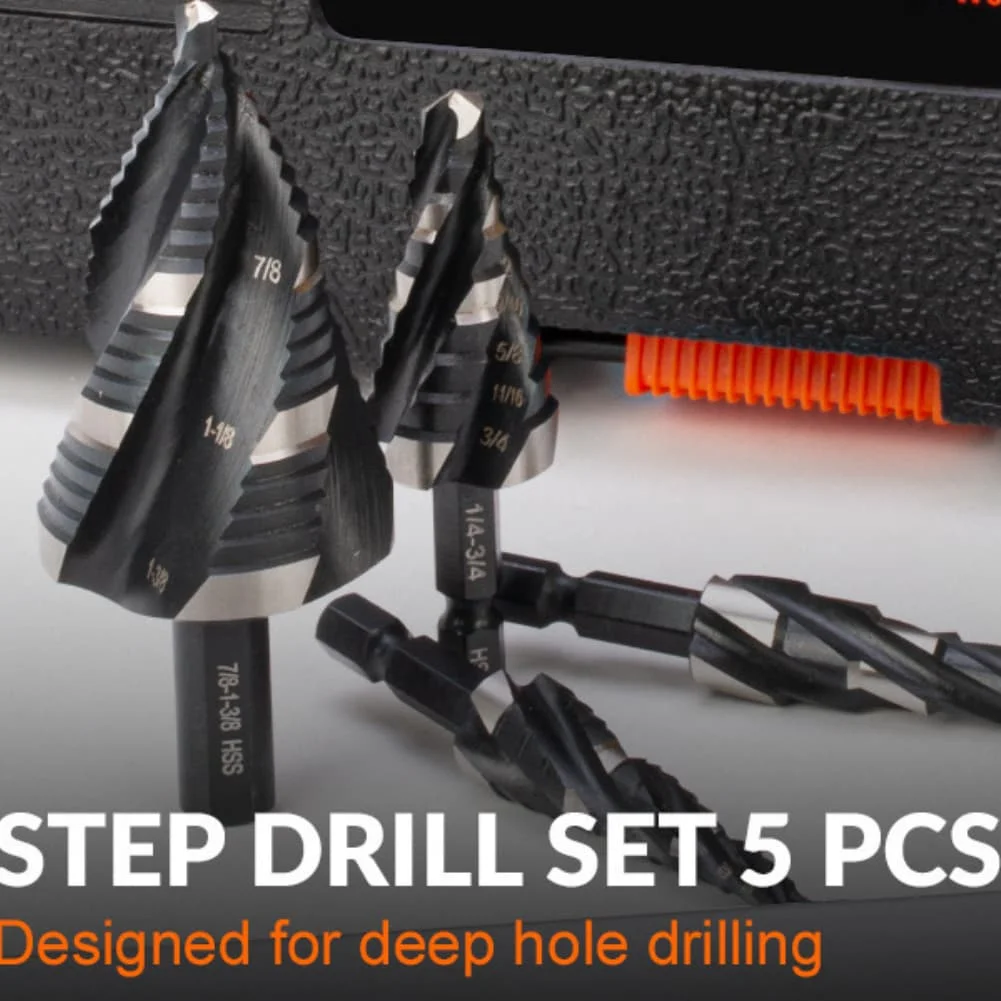 

5PCS/1Set 3/16" To 1-3/8" HSS Step Drill Bit Set Hex Shank Four Spiral Flutes For Drilling Thin Metal/aluminum/wood/plastic