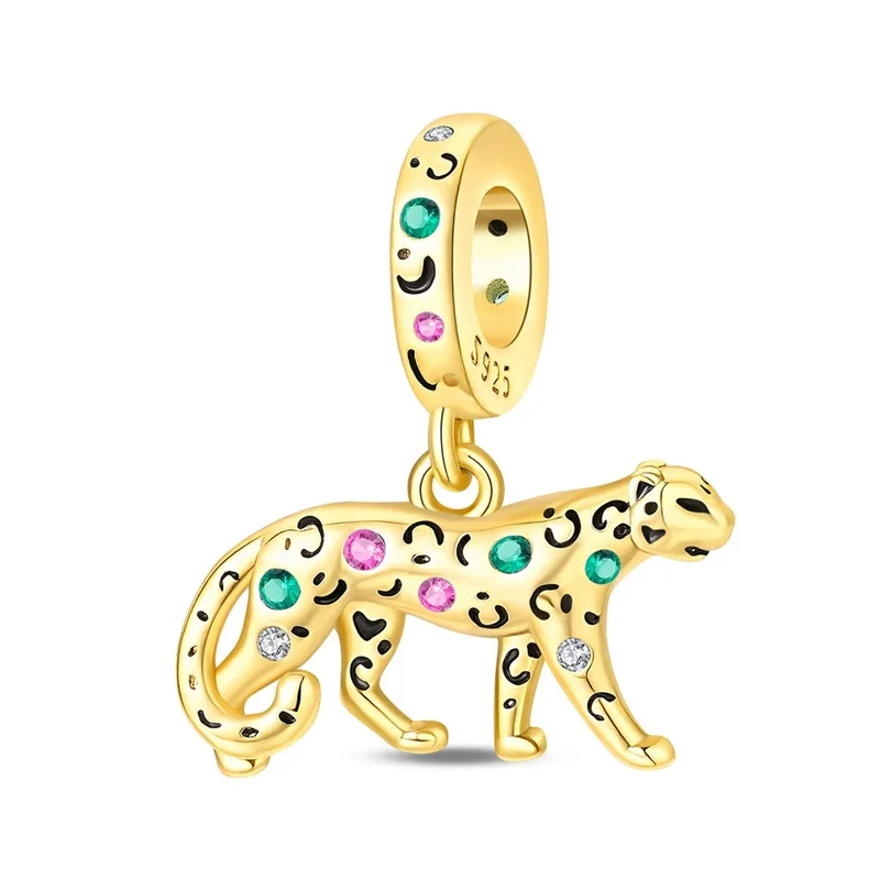 Original 925 Sterling Silver Colorful Zirconium Gold Cheetah Charms Pendant For Women Fine DIY Birthday Jewelry Gifts