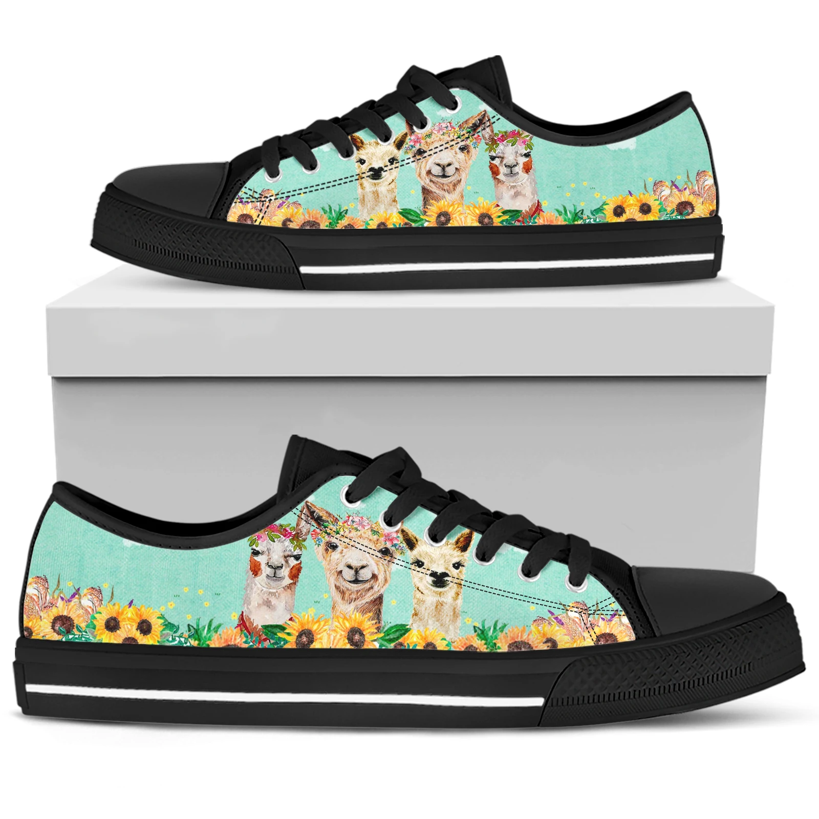 ELVISWORDS Alpaca Sunflower Design Brand Canvas Shoes Flower Print Low Top Women's Shoes Black Soft Sole Casual Sneakers