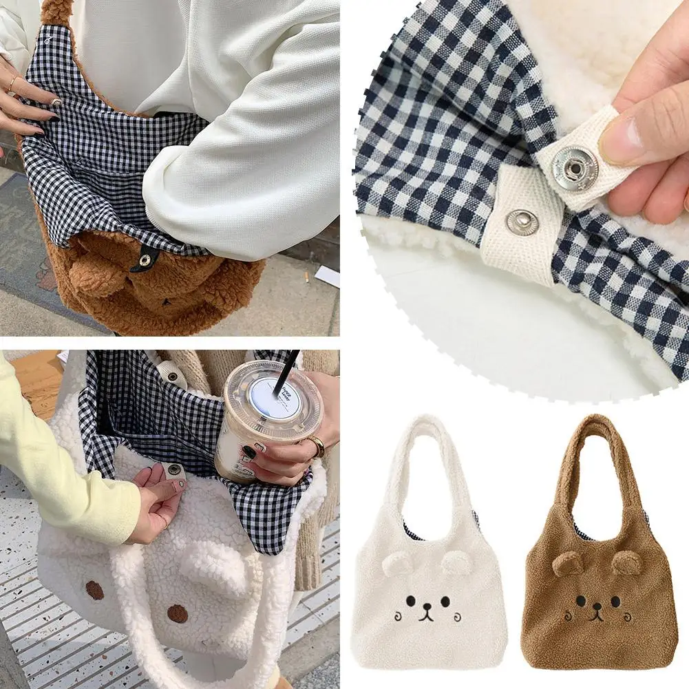 School Bag Cartoon Embroidery New Winter Soft Plush Tote Bag Shopper Bag Shoulder Bag For Women Cute U6O1