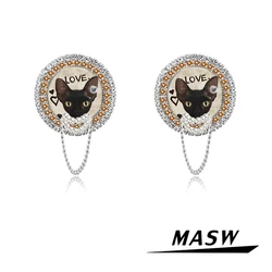 MASW Original Design Vintage Temperament Round Shape Cat Stud Earrings For Women Female Party Gift Hot Sale Fashion Jewelry