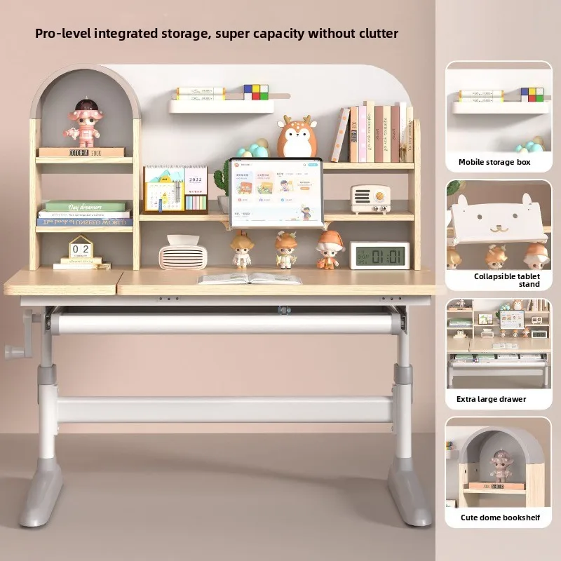 Wooden Ergonomic Children Reading Table with Bookshelf Home Furniture Height Adjustable Study Desk and Chairs  for Kids
