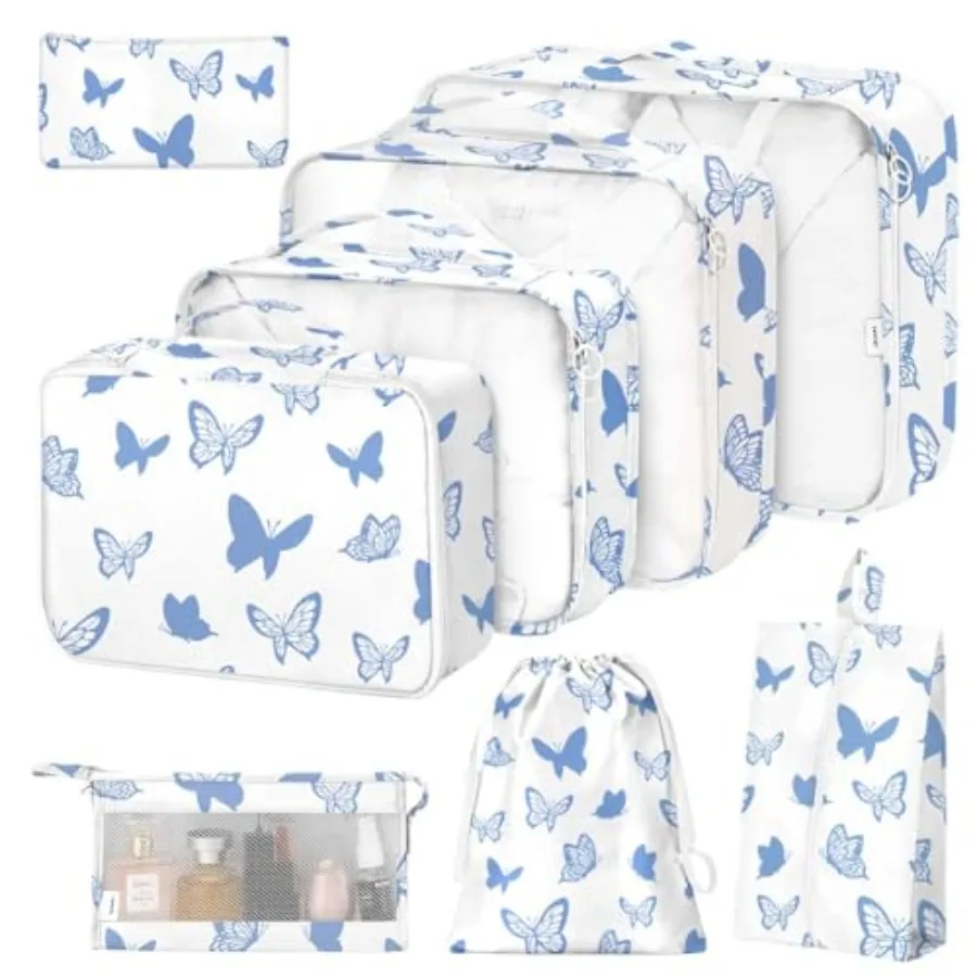 

Набор из 8 органайзеров для чемоданов с узором в виде бабочек: для обуви, косметики, одежды, аксессуаров и сумок.