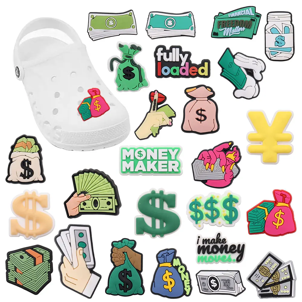 Good Quality 1-25pcs PVC Shoe Charms Money Banknote USD Symbol Purse Accessories DIY Shoes Ornaments Fit Wristbands Kids Gift