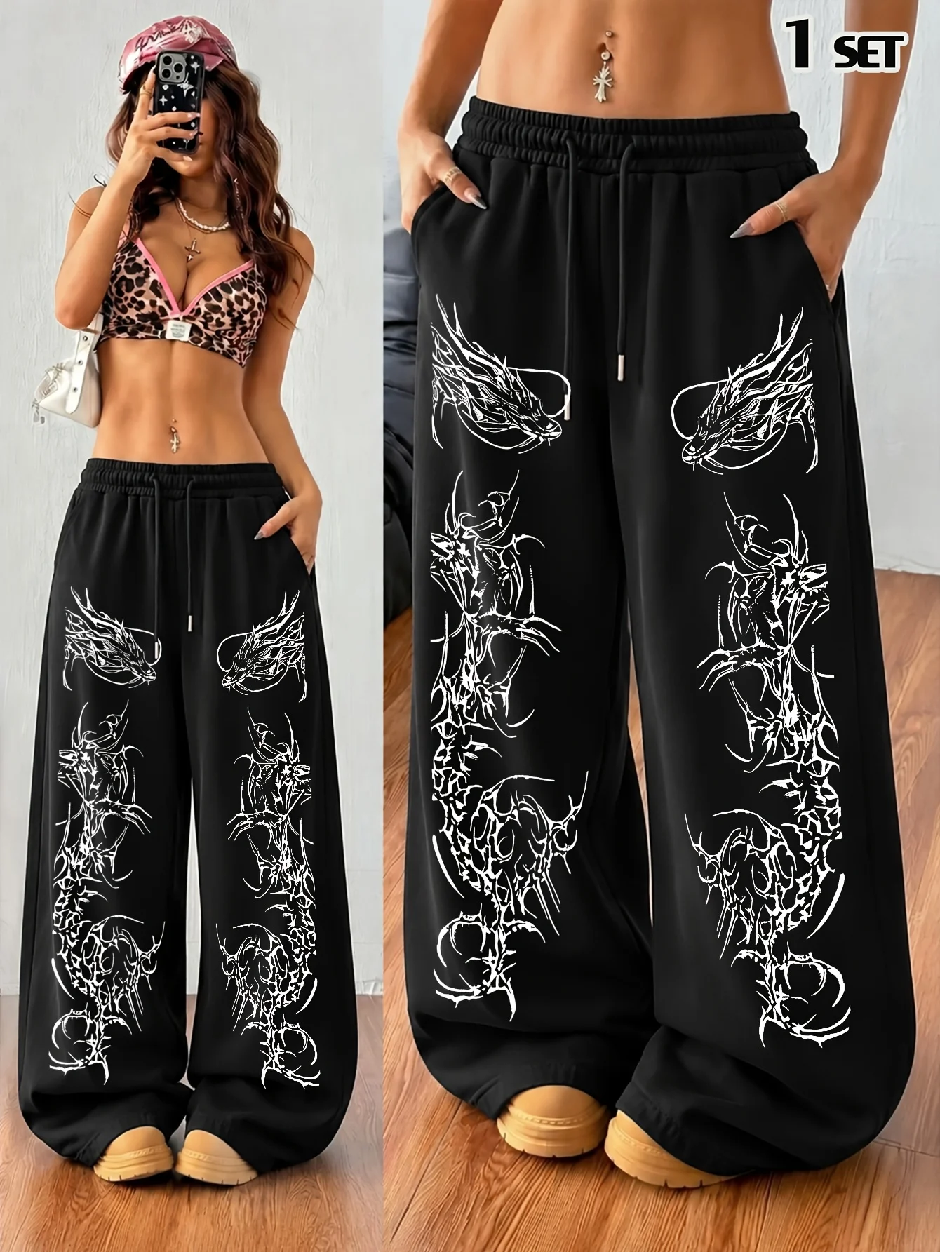 Y2K Heavy Industry Double Dragon Totem Printed Casual Sports Pants American Casual Trendy Women's Straight Leg Pants