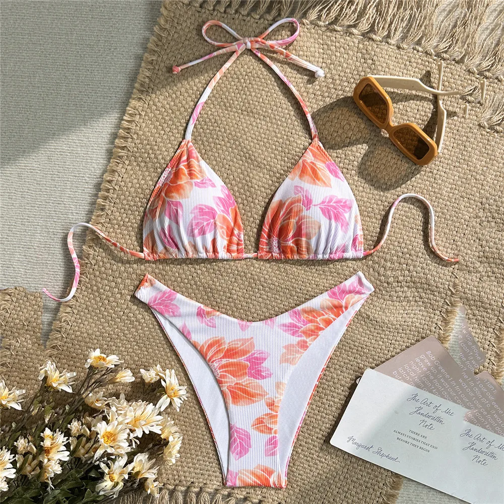 

Sexy Flower Print Halter String Triangle Bikini White Swimsuit Woman 2026 Ribbed Swimwear Bathing Suit Brazilian Bikinis Sets