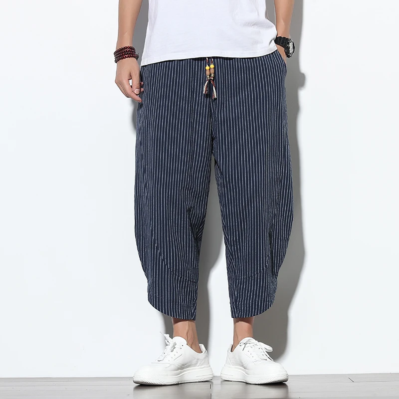 2024 Summer Casual Men\'s Pants Harajuku Striped Baggy Pants Cotton Linen Wide Leg Harem Trousers For Men