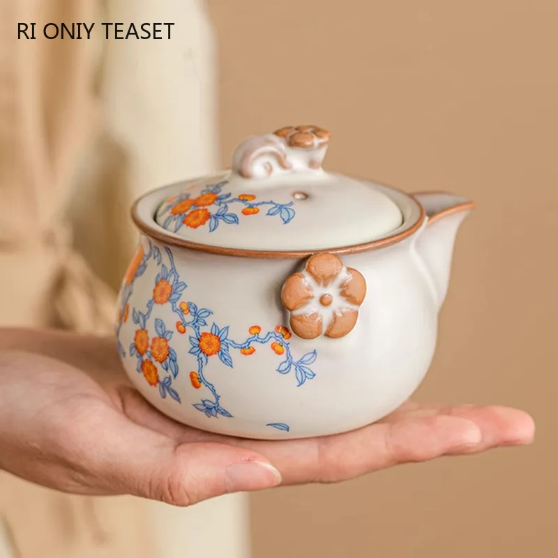 90ml Chinese Ru Kiln Ceramic Hand Grab Pot Handmade Flowers Pattern Teapot Beauty Tea Infuser Kettle Tea Pot Portable Tea Set