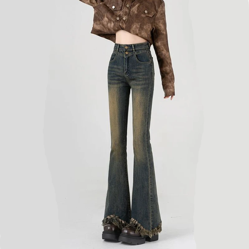 

Эластичные женские джинсы с высокой талией, брюки на молнии с необработанными краями и кисточками, универсальные летние джинсы для поездок на работу, 2023 г.